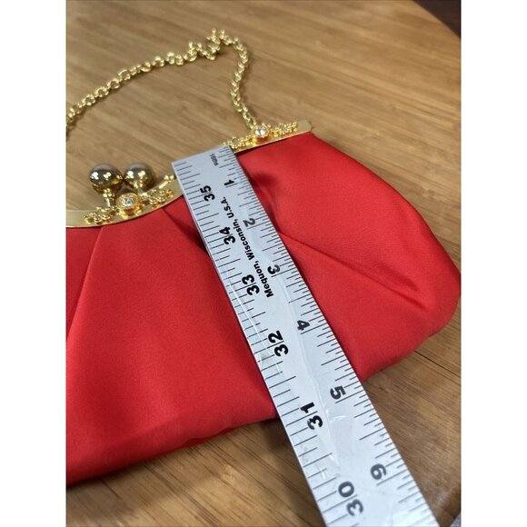 Jessica McClintock Red Satin Clutch Purse Gold Chain Snap closure with bling - Picture 8 of 9